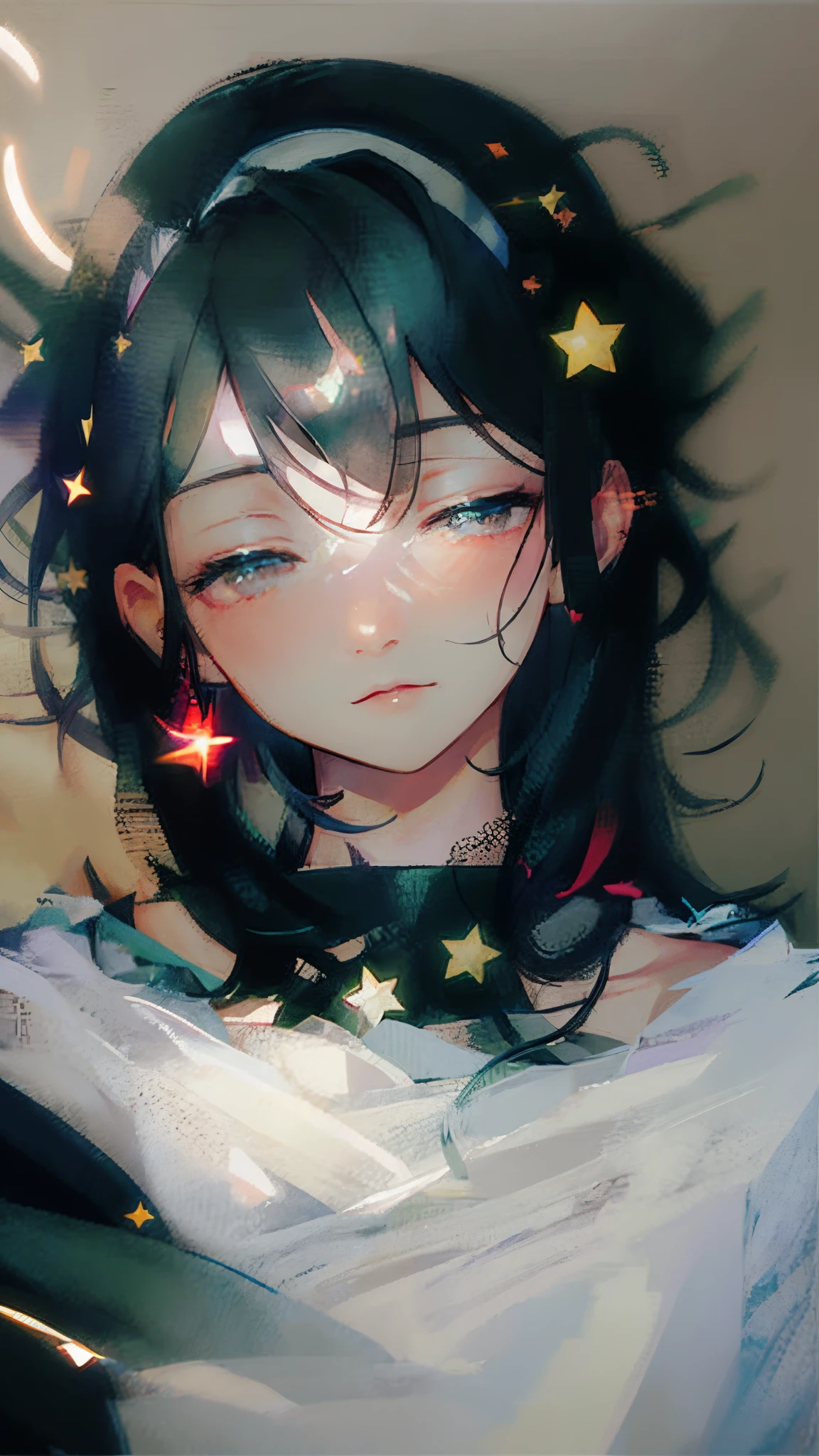 a close up of a woman with a headband with stars on it, with stars, with kind face, wearing angel halo, with accurate face, blurry image, tumblr, face picture, asian face, wearing angel halo covered face, with round face, face brightly lit, potrait, profile image, stars in her eyes, background heavenly, non blurry