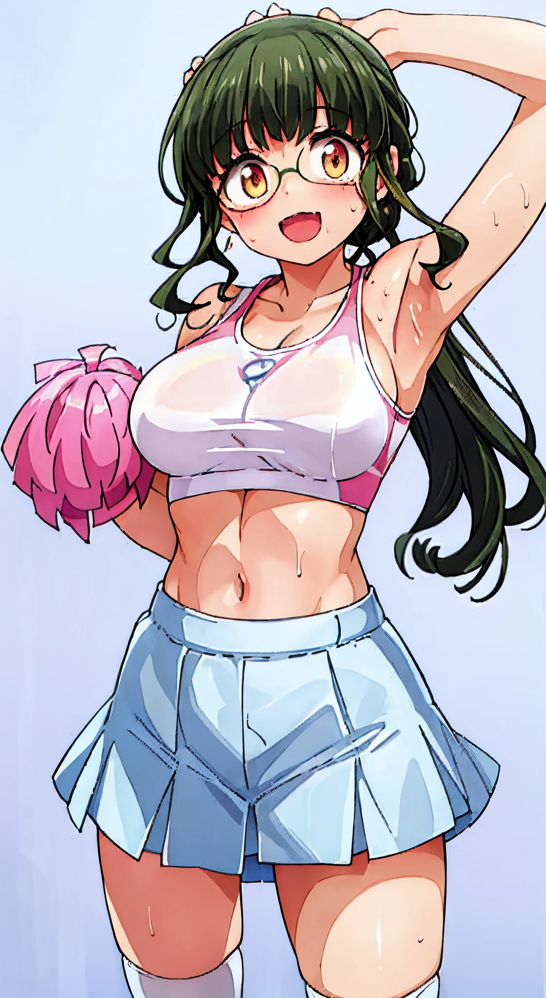 gym, Exasis,(cheerleaders、NSFW), Hot, Sweating, full of sweat,, Colossal tits, Black hair, Yellow Sports Bra、Light blue mini skirt、Red colored eyes、Armpits、:D、dynamicposes、Holding a pom-pom in both hands、spreading legs、White knee socks