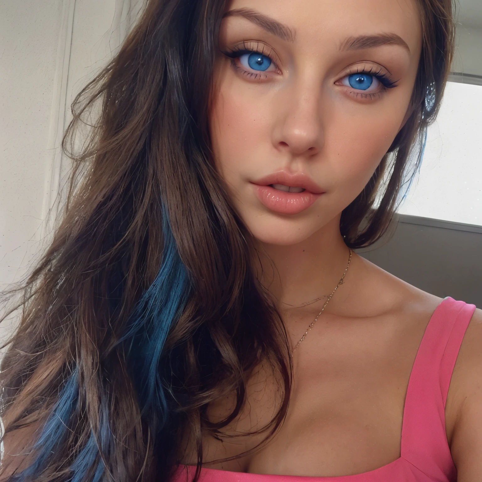 Gorgeous brunette with blue eyes/seductress/big lips/bigger boobs