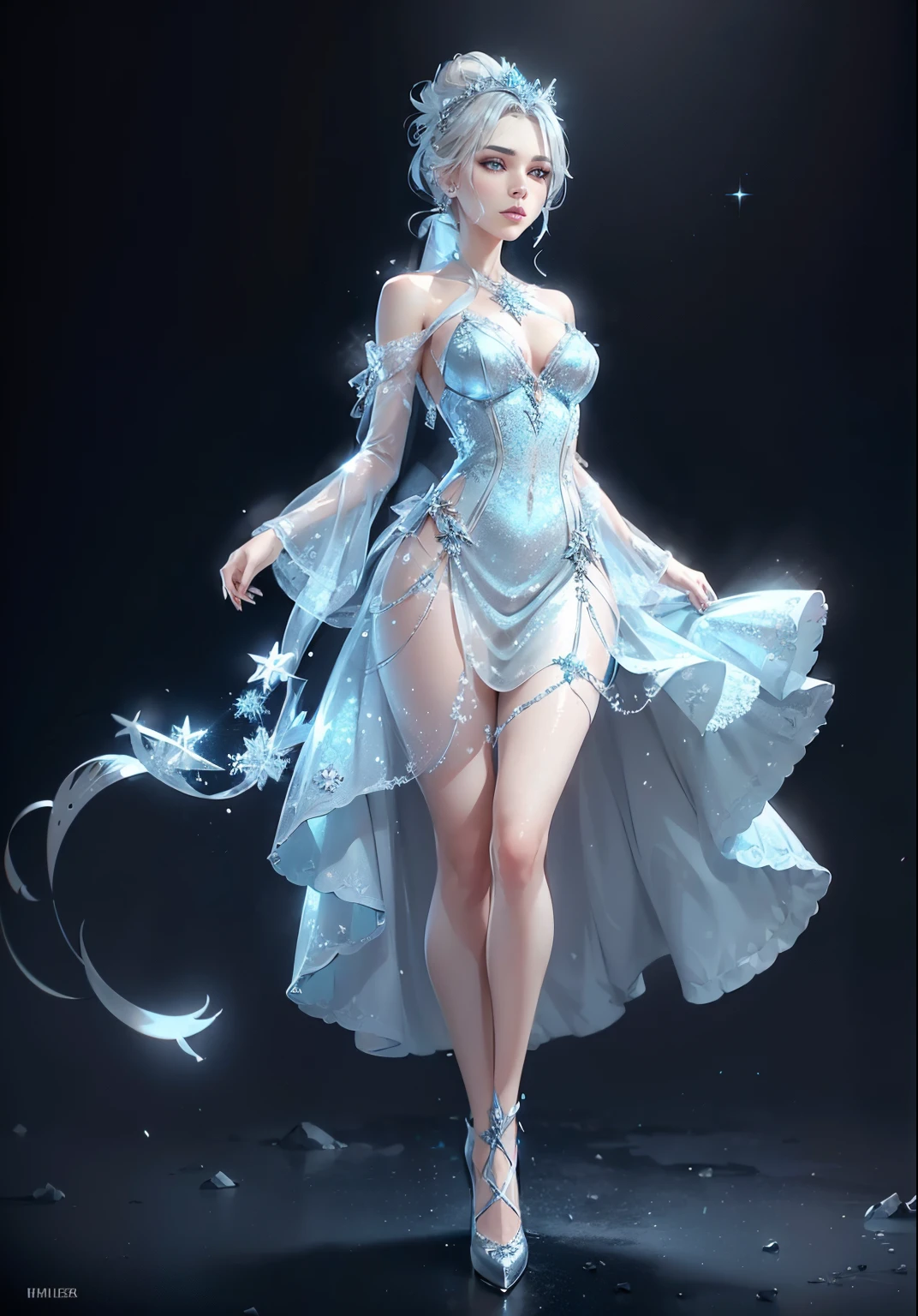 1girl, Dress: Icy blue or silver gown with sparkles. Accessories: A tiara with icicle-like details and a snowflake pendant. Hairstyle: Sleek, pulled-back hair or a simple bun. Makeup: Cool-toned eyeshadows, blue or silver lipstick, and a hint of glitter best quality, (finely detailed), 8k, depth of field, cinematic lighting, standing with one leg in front of other, high heels