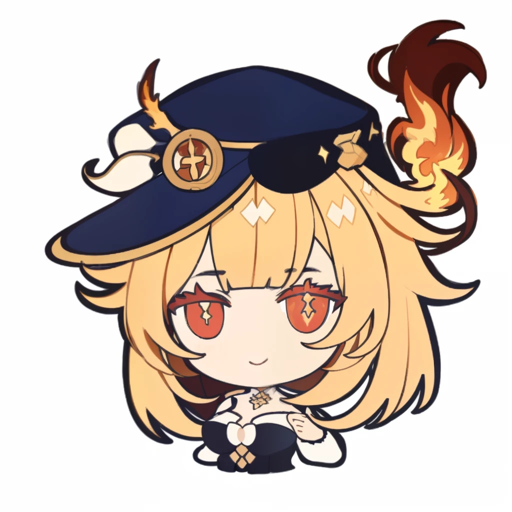 A cute emoji, game icon, game icon institute, A girl, White background, blonde,, white hat,magic hat, blunt bangs, azur lane,honkai, short hair, flaming dress, fiery dress, flaming hair, shining hair, short hair, golden hair, red eyes, detached trail of fire hair, flowing hair, flame goddess,