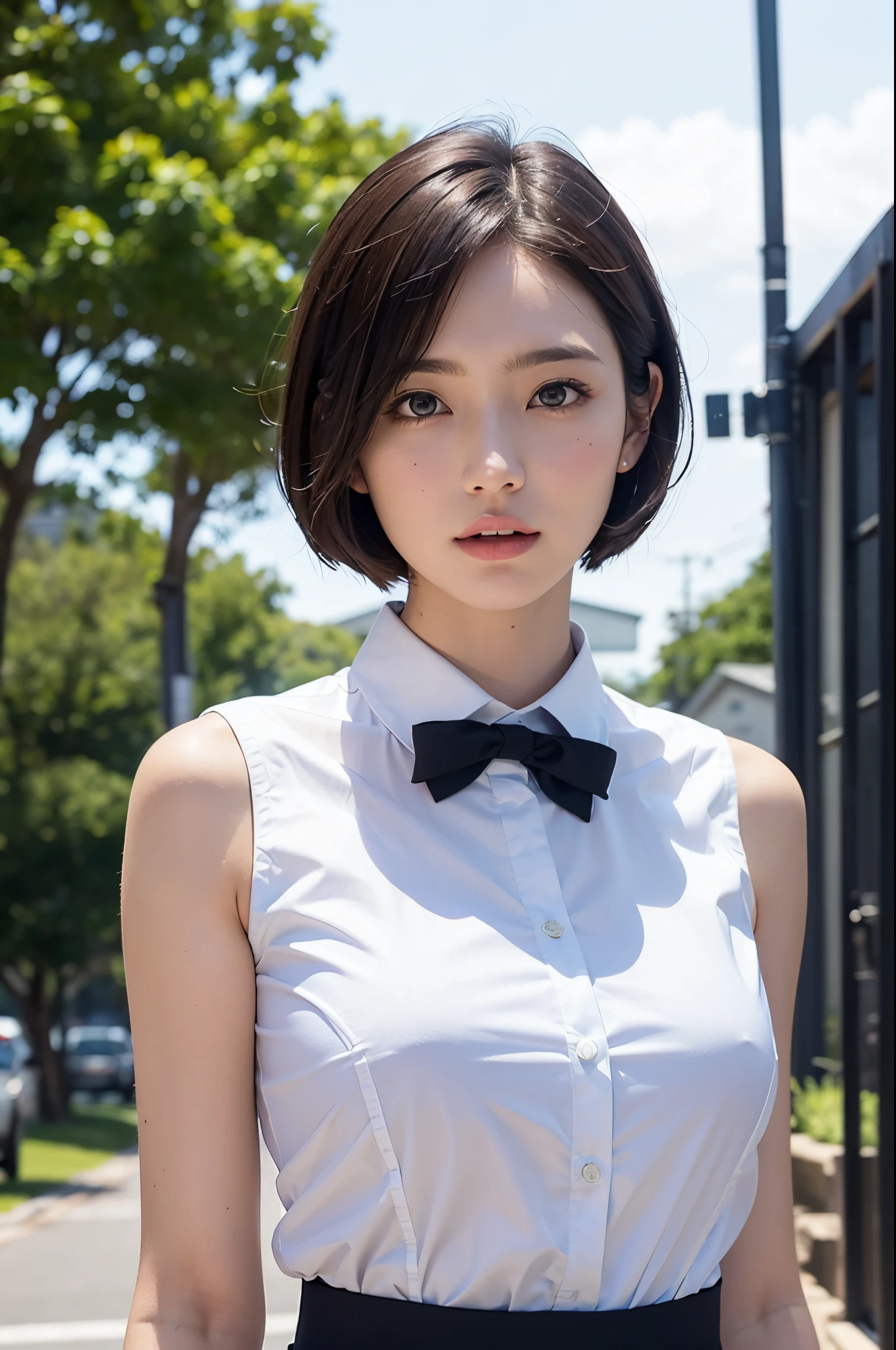(masutepiece, Best Quality:1.2), 8K, Official art, Raw photo,  (Upper body, Sleeveless school shirt made of thin fabric:1.4), a beauty girl, Idol face, pleatedskirt, School uniform,  ((Colossal tits)) natural soft light　 Detailed face, Bokeh background, 1 girl in　(Details High quality, realistic depiction of eyes:1.3) Beautiful straight short bob hair with realistic and delicate depiction