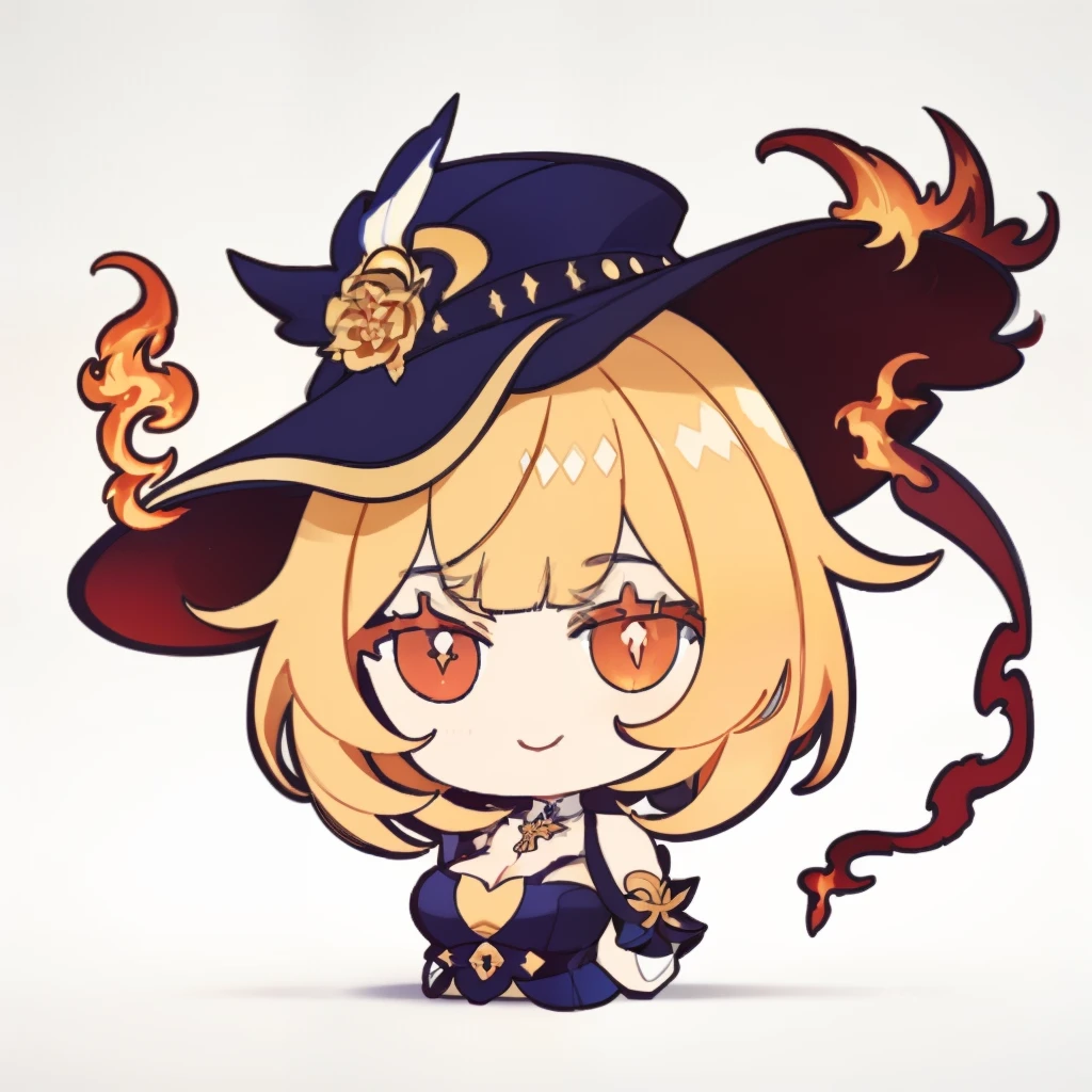 A cute emoji, game icon, game icon institute, A girl, White background, blonde,, white hat,magic hat, blunt bangs, azur lane,honkai, short hair, flaming dress, fiery dress, flaming hair, shining hair, short hair, golden hair, red eyes, detached trail of fire hair, flowing hair, flame goddess,