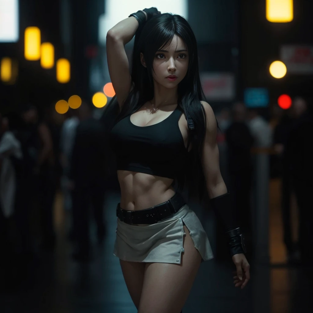 (best quality,ultra-detalhado),(Realistic:1.37),Tifa Lockhart, Rosto bonito e detalhado, maquiagem preta nos olhos, textura ultra realista, rosto delicado, corpo delicado, Fit physique, expression serious