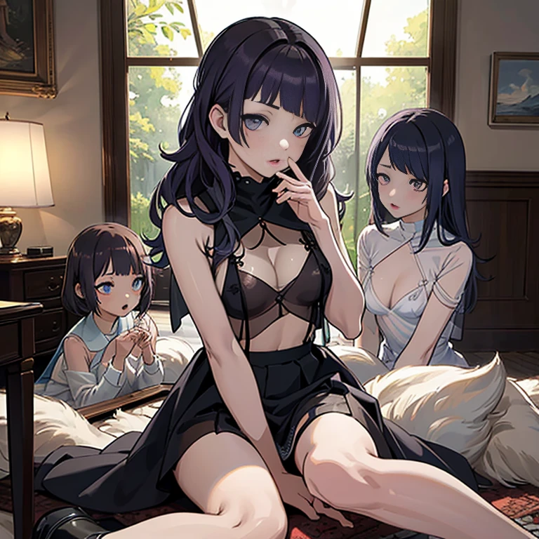 (NSFW1.5)、(4+Girls:1.5), (High School Girl), line up, girls in row, Large crowds, ((see-through langerie:1.4))、((barechested:1.4))、look at viewr, Master masterpiece、top-quality、The ultra -The high-definition、Top resolution、ighly detailed、Professional Lighting、CG Illustration、Thin、Very cute、small tits 、 droolng、(cleavage of the breast:1.2), Dark hair、Semi-long hair、blushed、(Sit with your legs spread on the ground:1.1)、Open legs、Raise your legrom below、a sailor suit、(Kiss 1.3)、(((nipple1.3)))、 (:1.4), Restraint、Girl having behind her back、 The nipple visible、Pubic hair visible、Putting a finger in the butt hole、Dark skin