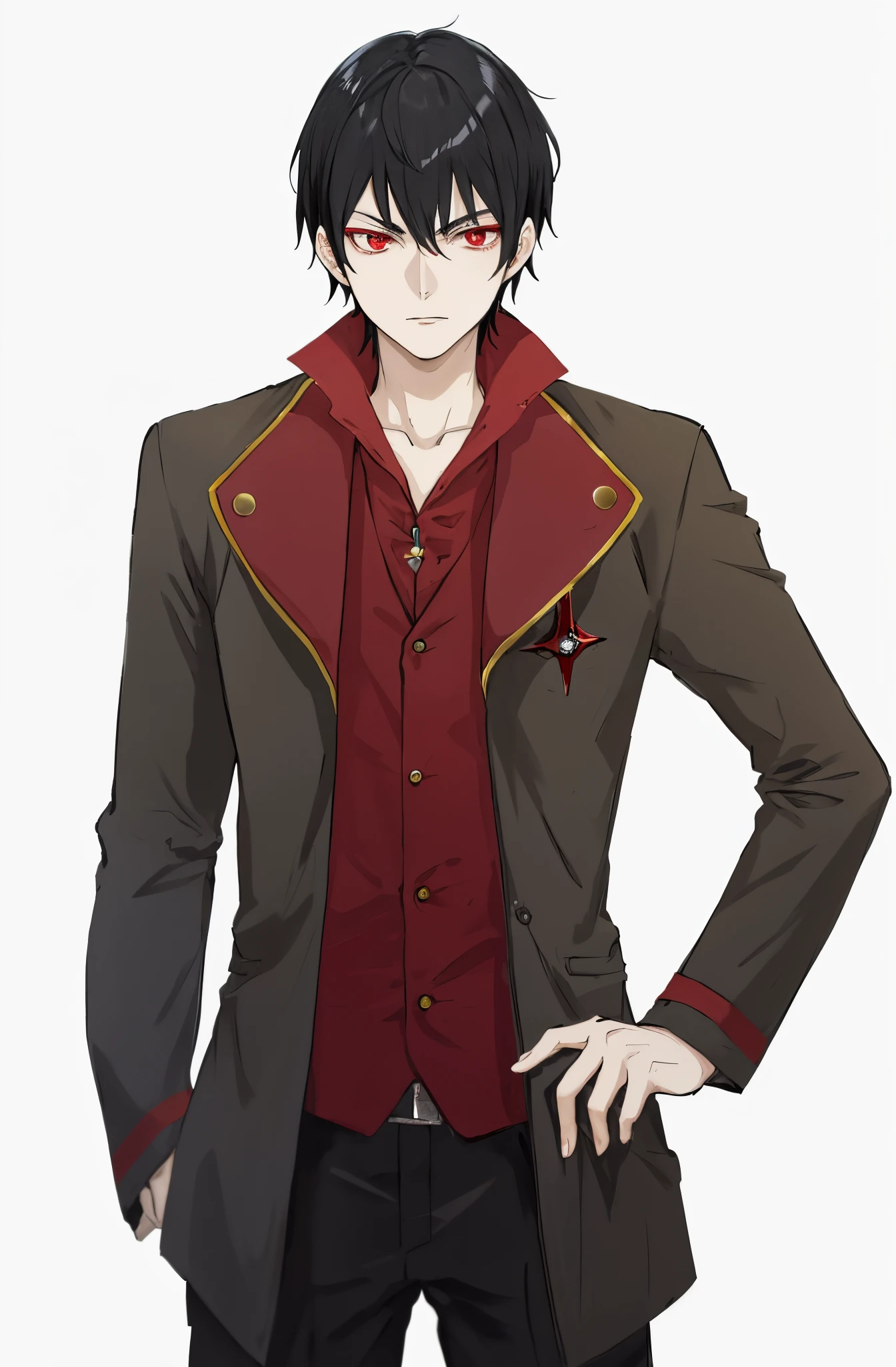 Anime sharp ear and black hair vampire man with red eyes wearing red clothes and black coat