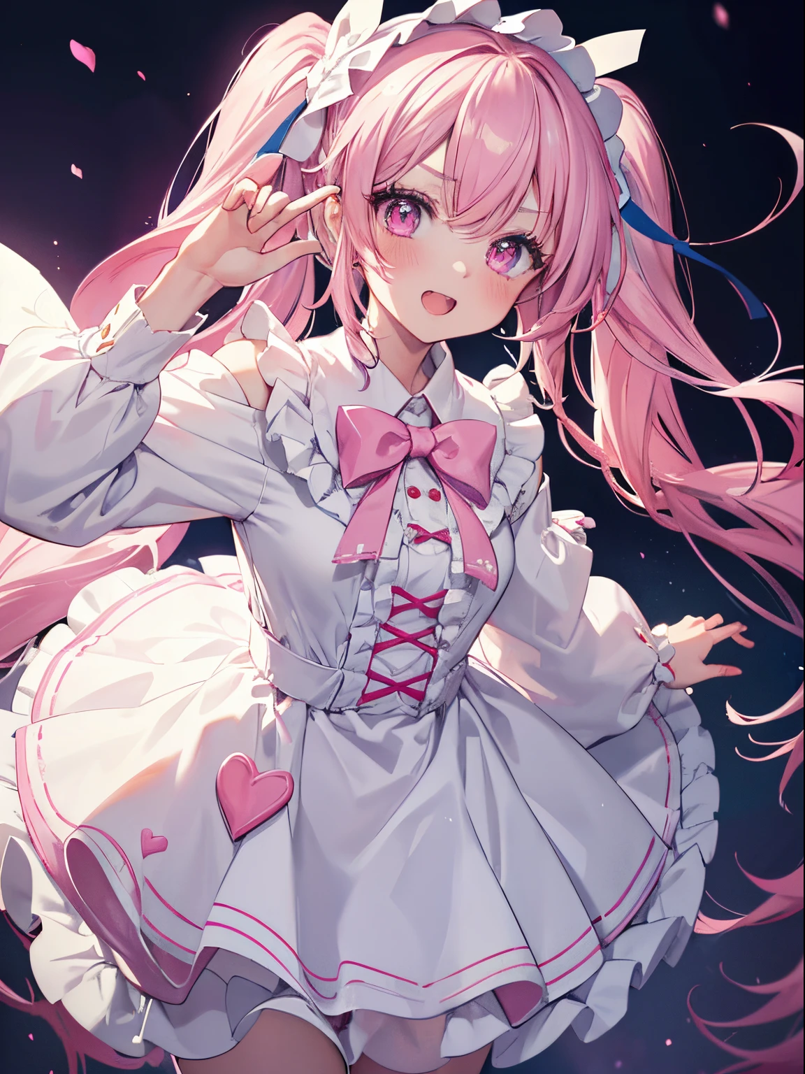 masutepiece, Highest Quality, (Perfect face:1.1), (high detailing:1.1), (ultradetailed eyes), Dramatic,  superfine illustration, Extremely detailed,1girl in, (pale skin), Happy, Laugh, Enjoy,Open mouth,gloweyes,pinkhair, (long twintail),Ethereal eyes, pink eye,(light eyebrow),blush, Solo,Pouty lips,Cinematic lighting,Cowboy Shot,Lolita clothes, Pink and white,frilld, bow ribbon, Long sleeve,knee high socks, white backgrounid, From  above,morning