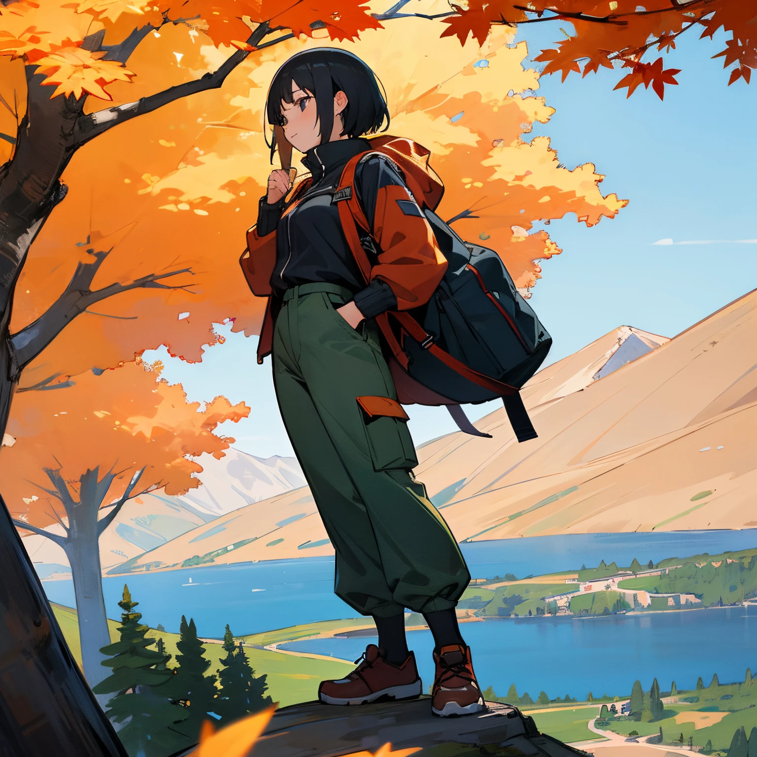 Beautiful autumn leaves,Nature,coniferous forest,mont,lake,
18-year-old woman、 Black hair,mountaineering alpine hat,pants mountaineering bag,,Jacket,
Solo, 1girl in,Wide Shot,
BREAK
(masutepiece, Best Quality,Ultra-detailed)