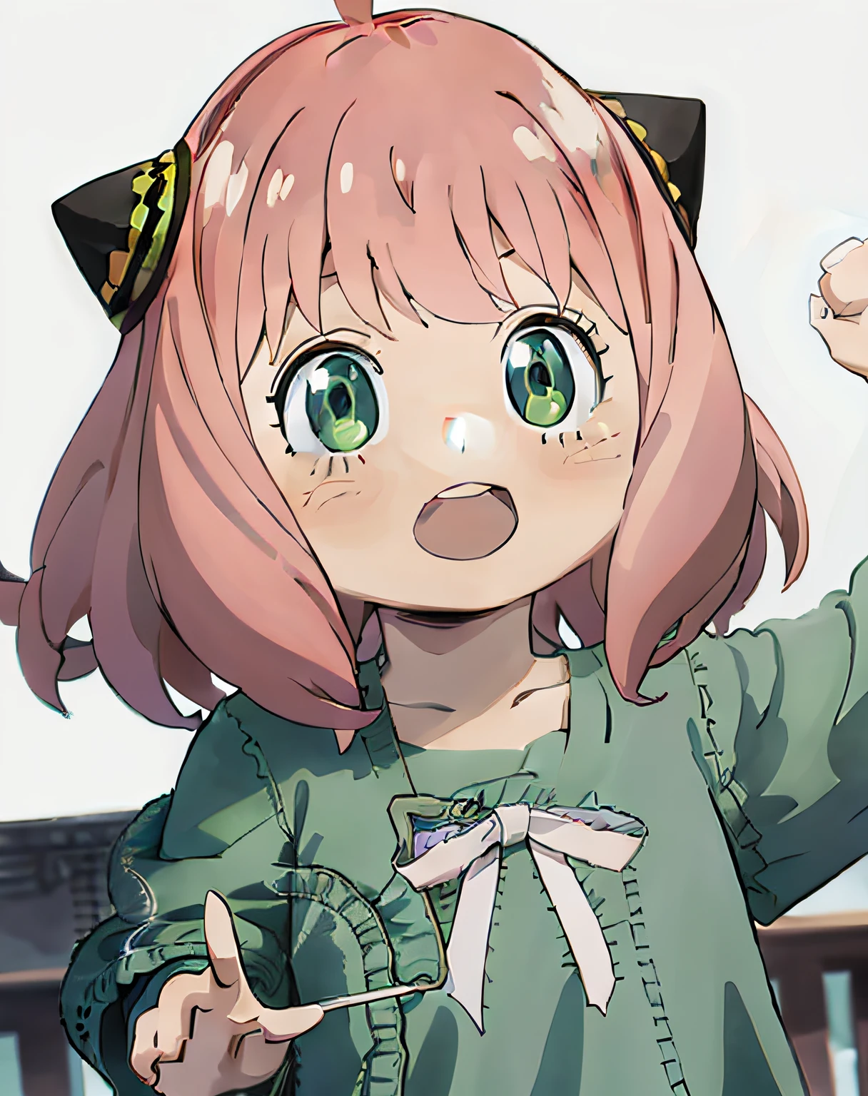 a anime girl with pink hair and green eyes pointing at something with a surprised look on her face and a black cat hat, (1girl:0.992), (:d:0.583), (bangs:0.701), (blush:0.584), (green eyes:0.992), (looking at viewer:0.711), (open mouth:0.760), (pink hair:0.917), (ribbon:0.826), (short hair:0.571), (smile:0.855), (solo:0.949), (teeth:0.770), (upper body:0.760)