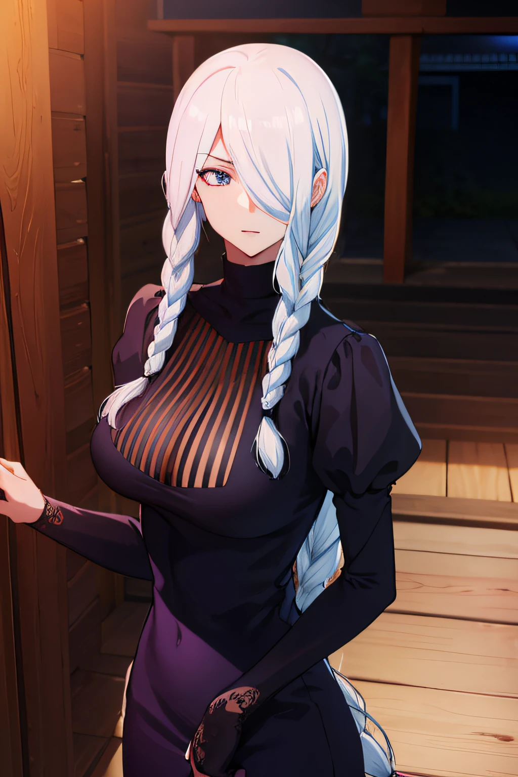 Meimei, May May, Long hair, Very long hair, braid, (Hair over one eye:1.5), braided ponytails, one eye covered, Braided bangs, (Purple eyes:1.1),
Break long sleeves, Dress, Puffy sleeves, Black Dress, juliet sleeves, turtleneck dress,
BREAK looking at viewer, Upper body, Full body,
BREAK outdoors, shrines,
BREAK (masutepiece:1.2), Best Quality, High resolution, Unity 8k壁纸, (Illustration:0.8), (Beautiful detailed eyes:1.6), extra detailed face, Perfect Lighting, extremely details CG, (Perfect hands, Perfect Anatomy),