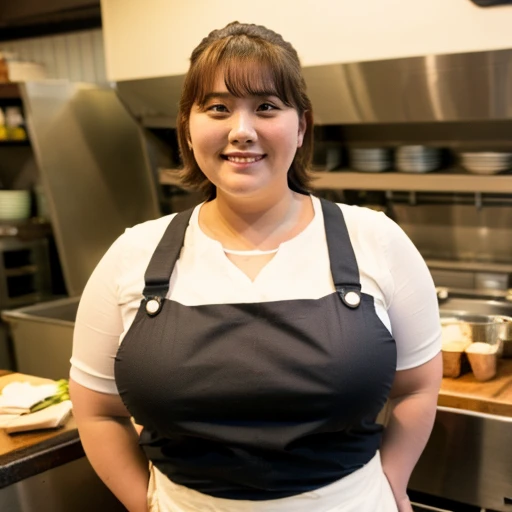 Super obese female clerk、Very obese Japanese woman with monster big breasts in her 50s with brown hair., Apron