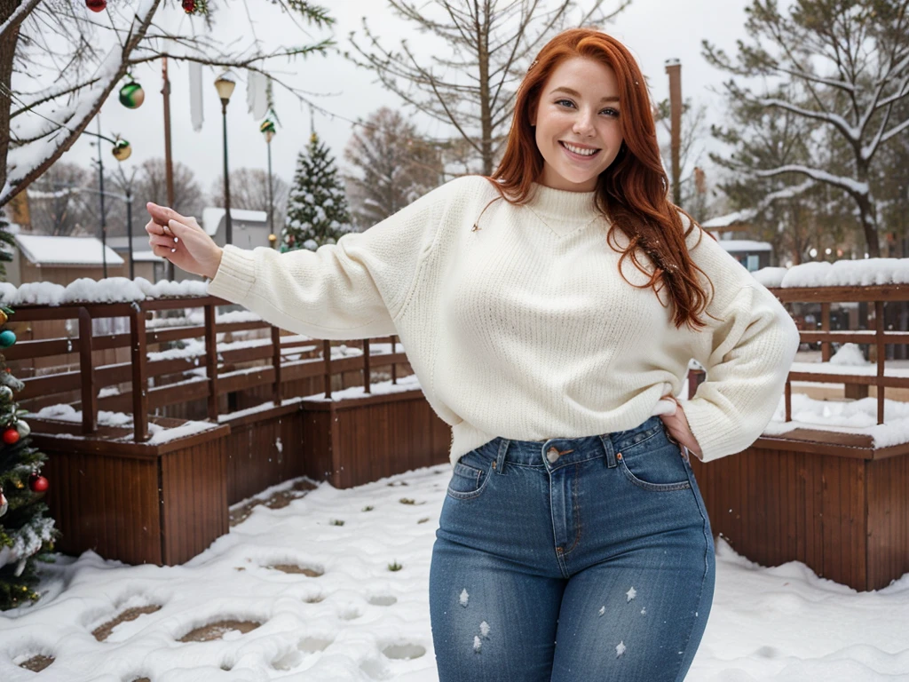 one beautiful redhead woman smiling, fat , over weight, thick body, tight mom jeans, snow on the ground outside , Christmas sweater, Christmas tree,