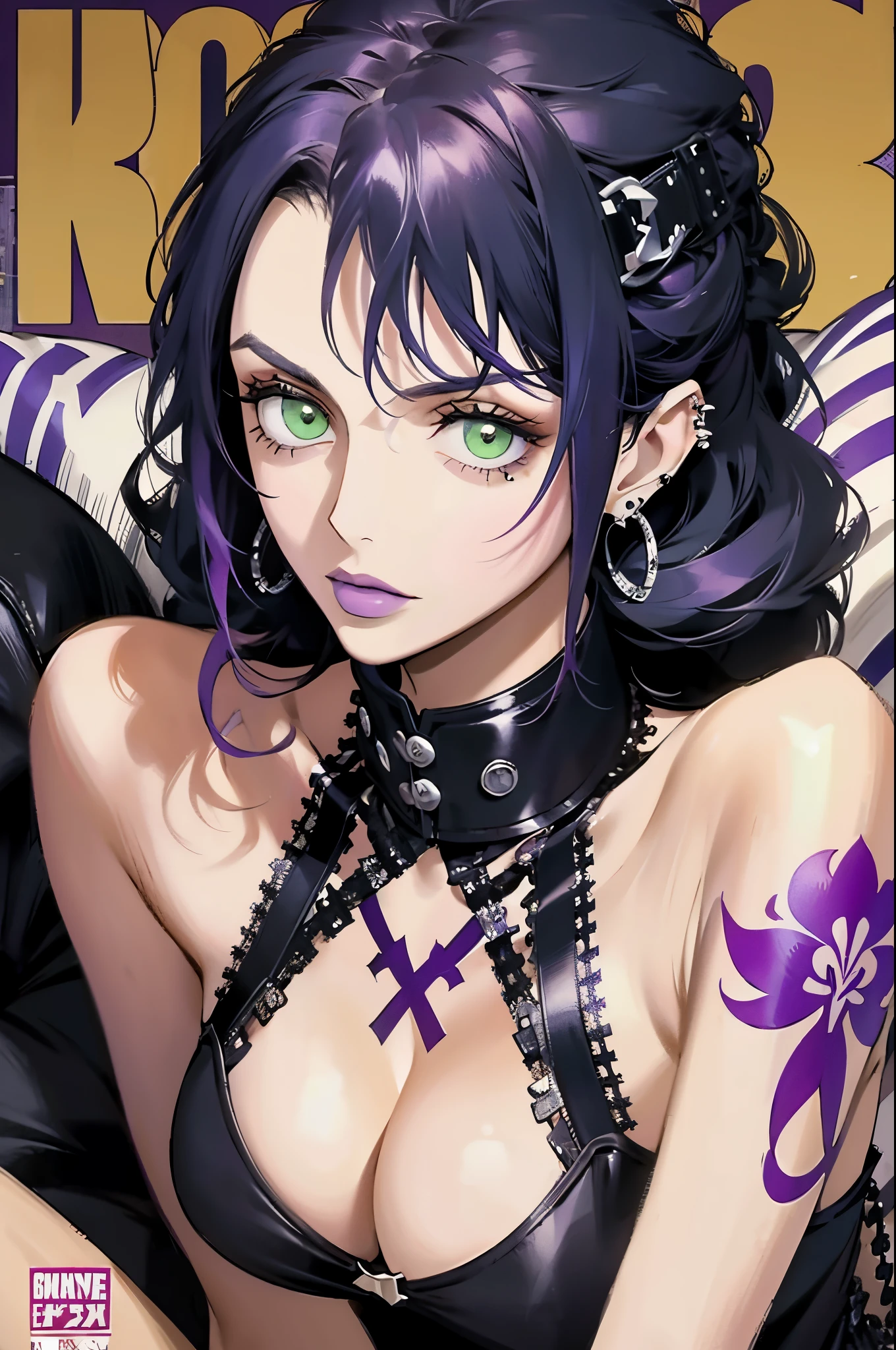 The most beautiful and sexy goth punk rock girls, black and purple hair, green-eyed, huge huge tits exposed, Lots of tattoos and piercings, very highly detailed background, MagazineCover, Perfect masterpiece, high qulity, A high resolution