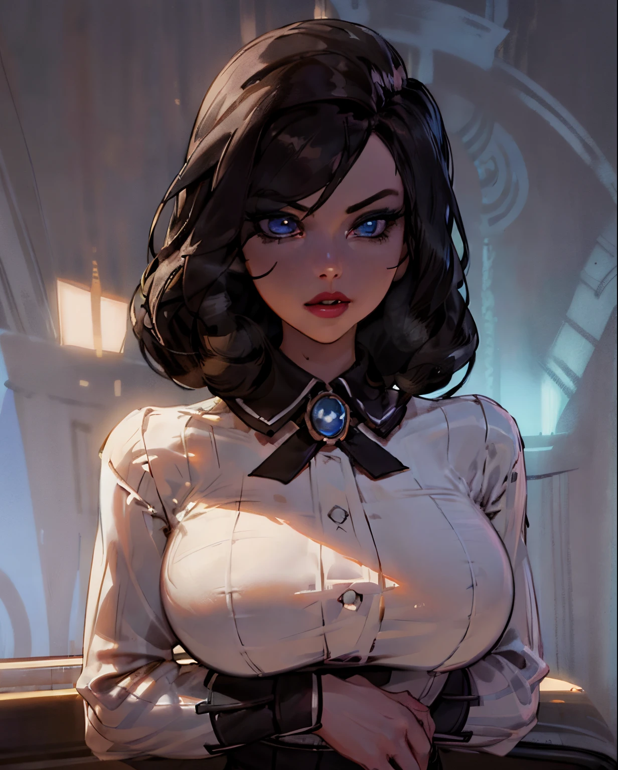 (Detailed Lights, Detailed Shadows), 1Woman, black Hair, (Elizabeth), Bioshock infinite, , White blouse, ((Detailed Eyes)), upper body view, black Eyetremely Detailed Clotheodern Clotheeautiful Hair, Muscular, glowing blue eyes, puffy lips, large breasts, Hair Down, Extremely Detailed Background, Beautiful Background