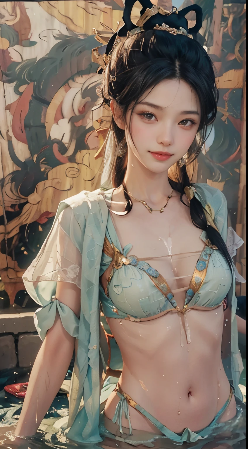 navel,(big chest:1.2)features,There is water on the body,Clothes are soaked,super fine, fine fabric texture, soft, tender, smooth texture, Dunhuang style, delicate pattern, correct hand painting, smile, tsurime, Surrealism, ray tracing, UHD, high-detail, super detail, highres, 10, High Quality, high-detail, textured skin, C.professor.