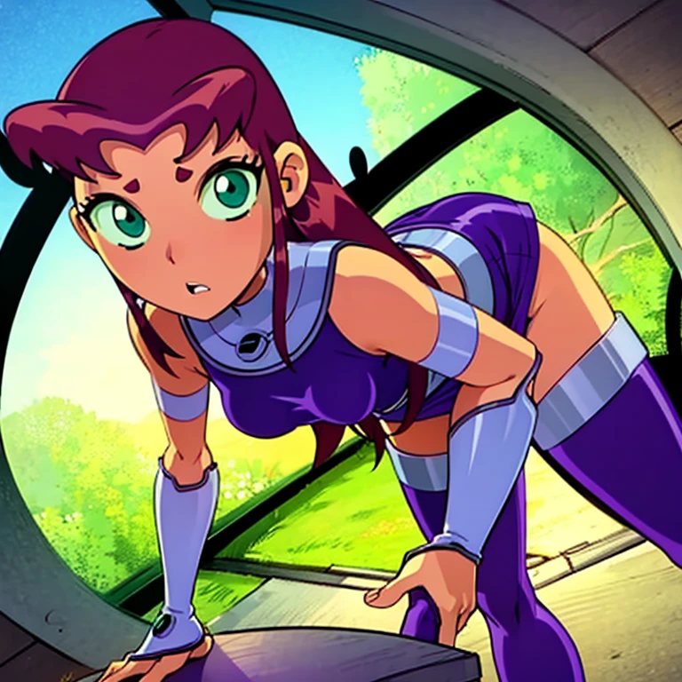 (((Starfire))), (bending over), (mini skirt), (boob window)