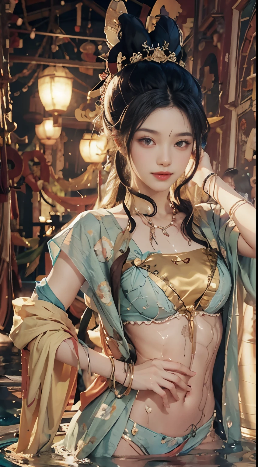 navel，（big chest：1.2）features，There is water on the body，Clothes are soaked，super fine, fine fabric texture, soft, tender, smooth texture, Dunhuang style, delicate pattern, correct hand painting, smile, tsurime, Surrealism, ray tracing, UHD, high-detail, super detail, highres, 10, High Quality, high-detail, textured skin, C.professor.