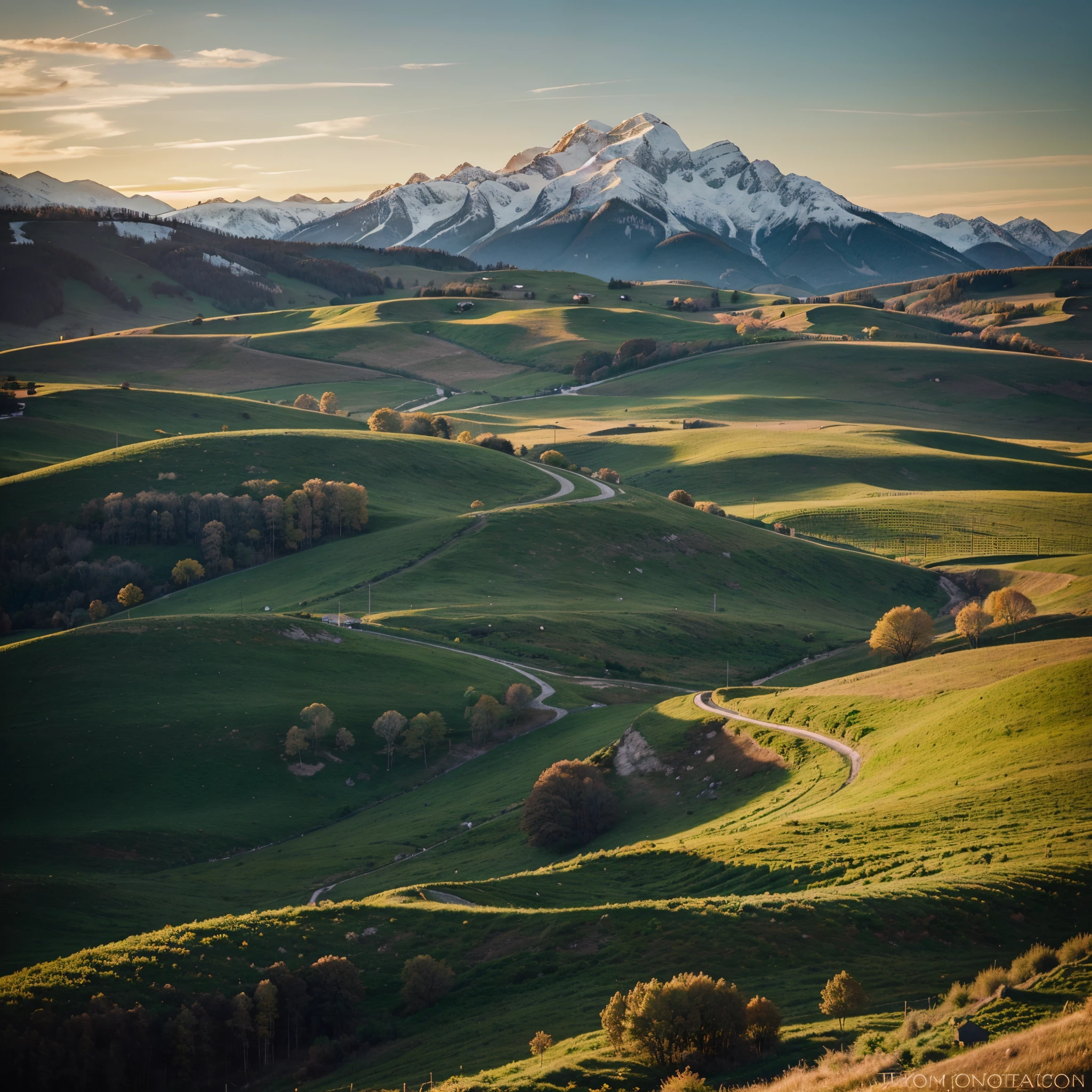 A breathtaking rural countryside sunrise unfolds before our eyes, casting a captivating palette of warm golden hues across the vast open fields. The towering mountains on the horizon stand as majestic sentinels, their snow-capped peaks glimmering under the soft morning light. In this awe-inspiring photograph, the tranquil beauty of the rolling hills is flawlessly captured, evoking a sense of serenity and harmony. The meticulous composition and vivid colors lend an ethereal quality to the image, immersing viewers into the picturesque and idyllic scene.