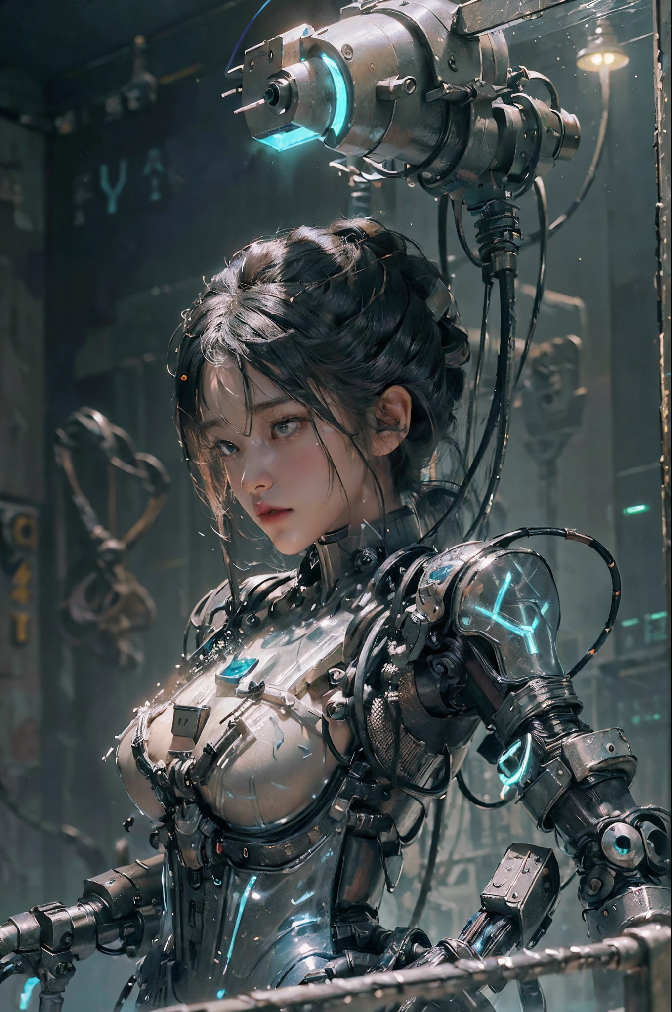 Surreal, Cinematic Effects 8K, hyper detailed painting, luminism, Concept art,fractal isometrics details bioluminescence , 3d rendered, Octane Render,Intricately detailed,Cinematic, trending on artstation Isometric Centered hyperrealistic cover photo awesome full color, gritty, realistic mucha, hit definition,Cinematic, Ethereal background,Full body, (1 Mechanical Girl:1.5),(transparent surfaces and skins:1.5),(many mechanical gears and electronic components inside the body:1.4),(mechanical vertebra and cervial:1.3),Solo,deadpan,(Wires and cables from the spine to the arm:1.4),(mechanical arms of surgical machine around:1.2),(circuit boards:1.4),(Character Focus:1.3),Science fiction,((Mechanical exoskeleton)),mechs,kalina,mechs,Super_mechs