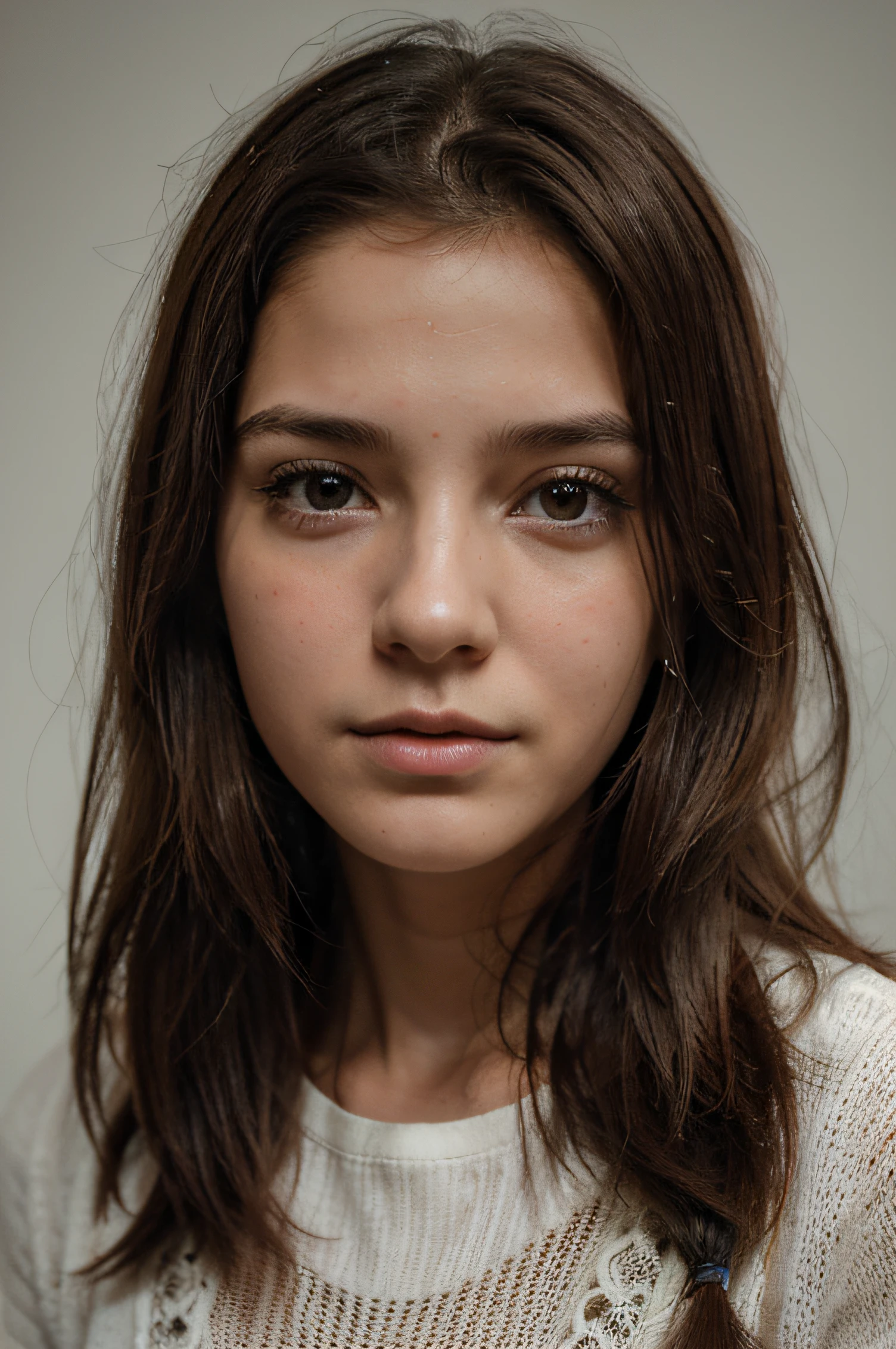Obra maestra, hiper-realista, Cute little girl, 18yr old, piel seca, Tiro en la cabeza, mes, Pale skin, indio, cabello negro y recogido hacia atras, highest qualityr, ultra realista, foto tipo retrato de documento de identificacion donde solo este su rostro y su pelo detras de sus orejas, expresion neutra en su rostro, foto para documento de identidad, sin expresion, su rostro destapado su pelo recogido detras de sus orejas, su pelo con estilo cola de caballo, con vista recta, sin expresiones en su rostro, expresion neutra, foto en estudio fotografico
