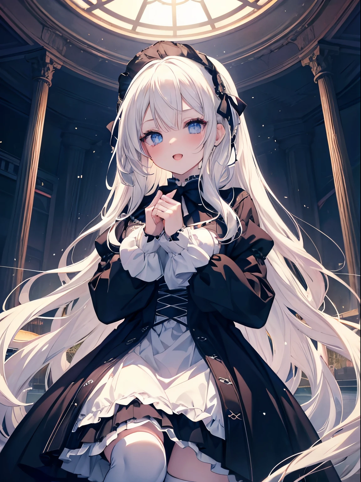 masutepiece, Highest Quality, (Perfect face:1.1), (high detailing:1.1), (ultradetailed eyes), Dramatic, superfine illustration, Extremely detailed, 1girl in, (pale skin), long white hair, Ethereal eyes, Blue eyes,tareme, (light eyebrow),blush,Solo,Smile, Happy, Laugh, Enjoy, Open mouth, Pouty lips,Cinematic lighting, looking up,Cowboy Shot,Winters,Snow,Long sleeve, Gothic lolita, frilld, bow ribbon,Head dress, knee high socks,Room