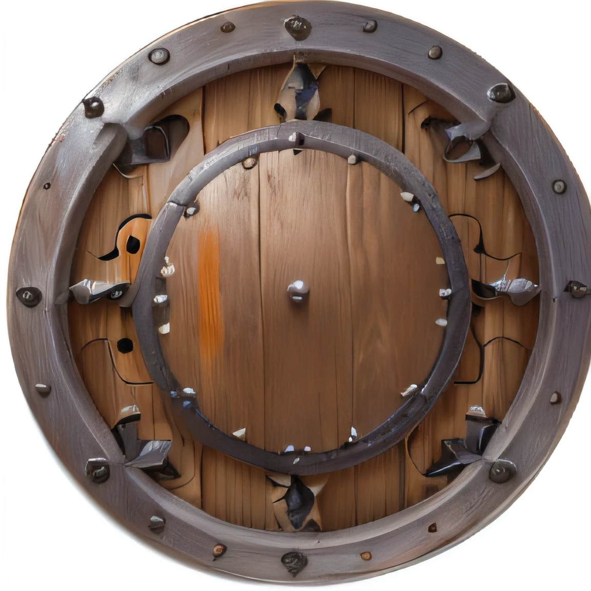 (Best quality,4K,8K,A high resolution,tmasterpiece:1.2),ultra - detailed,(actual,realistically,realisticlying:1.37),Close-up shot,Riveted wooden and metal sheets,fantasy shield,Impressive design,petal shaped shield,dongh,barrel chest,Wooden armor,round background,badges,Spiked mace and shield,dongh,Badge,round doors,round window,rpg game,Armor plates,Raise your shield,Large round windows,wooden fortress wall