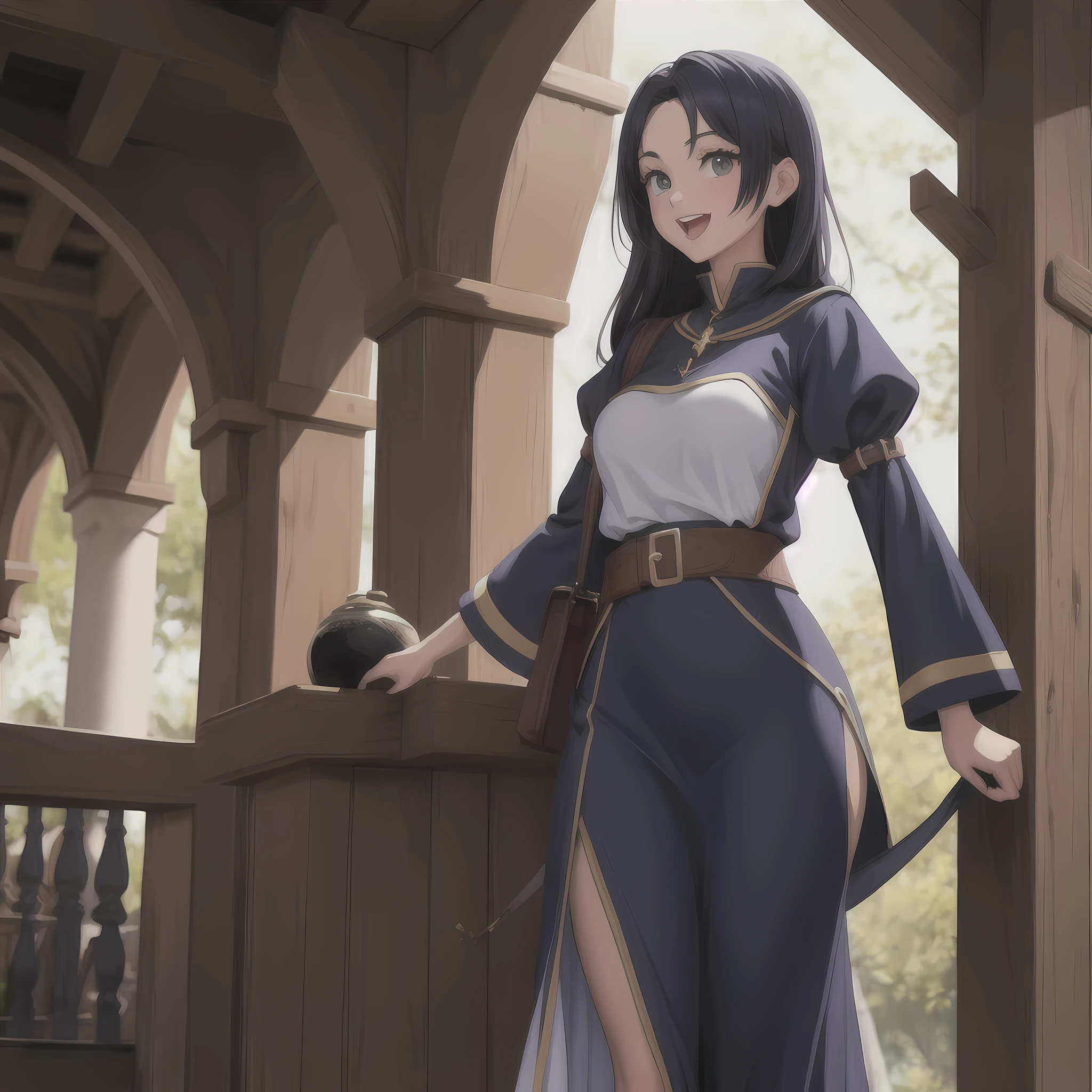 Solo heroic female adventurer in a medieval high fantasy ISEKAI setting, vibrant colors, upbeat tone, energetic, happy to see you, 90's, vintage feel
