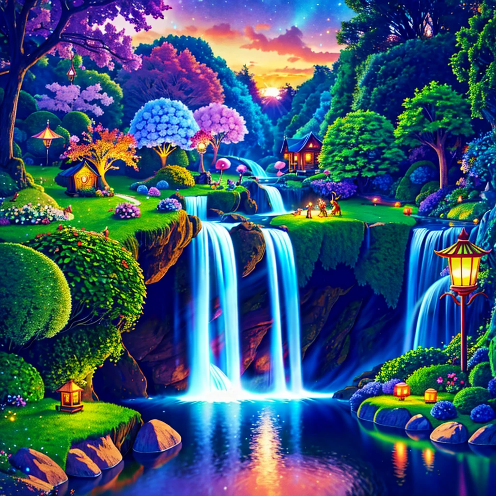 (best quality,4k,8k,highres,masterpiece:1.2),ultra-detailed,(realistic,photorealistic,photo-realistic:1.37),Fairy Village,enchanted forest,glowing mushrooms,twinkling fairy lights,whimsical cottages,magical creatures,sunlight filtering through trees,lush greenery,sparkling river,ethereal atmosphere,playful fairies,flying on the flower petals,delicate wings,intricate tree branches,hidden fairy doors,colorful flower beds,peaceful tranquility,magical adventures,hidden nooks and crannies,whispering secrets,golden sunset,breathtaking beauty,mythical charm,enchanted bridges,floating lanterns in the night sky,soft glittering dust,transparent wings,enchanted waterfalls,iridescent dragonflies,cascading ivy,vibrant wildlife,trickling brook,magical spells,harmony with nature,lively laughter,joyful dancing,temples of light,serene ponds,whispering willows.swift foxes, majestic reindeer and curious unicorns.