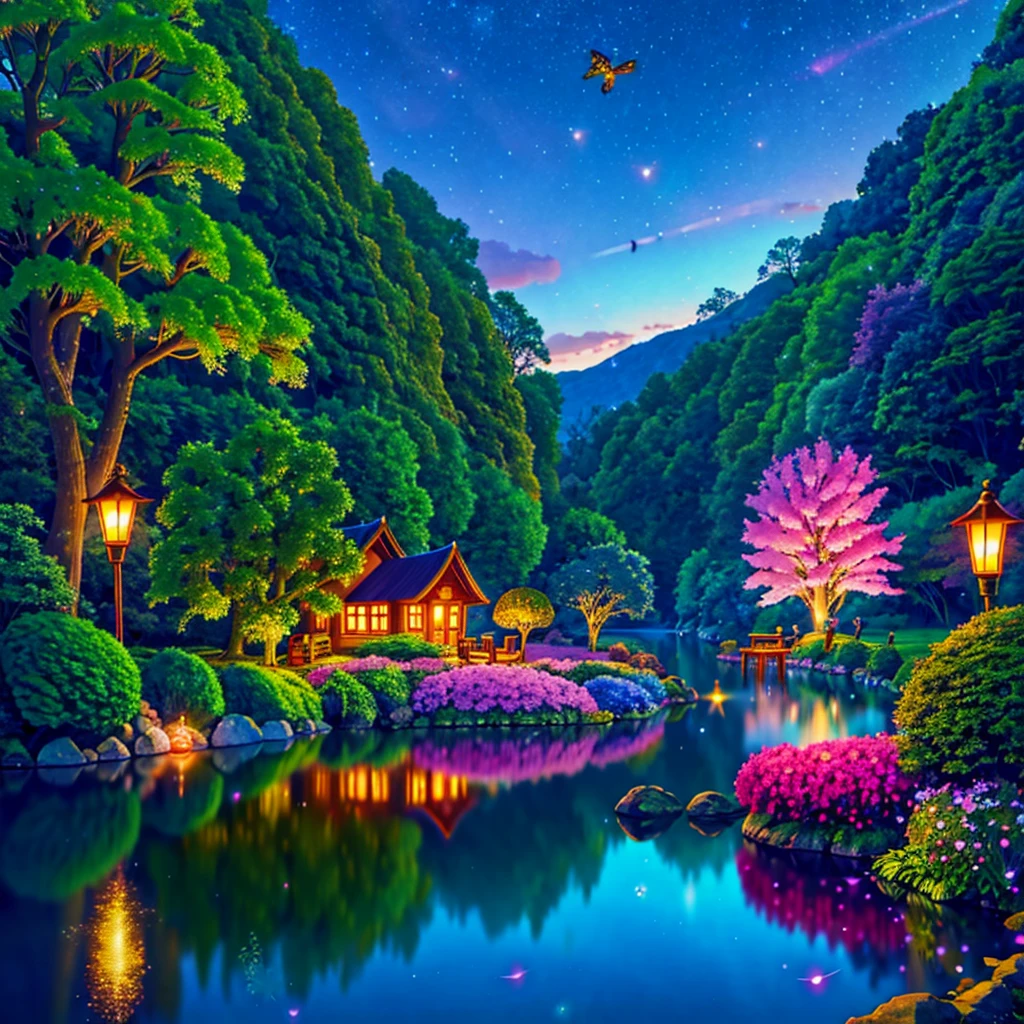 (best quality,4k,8k,highres,masterpiece:1.2),ultra-detailed,(realistic,photorealistic,photo-realistic:1.37),Fairy Village,enchanted forest,glowing mushrooms,twinkling fairy lights,whimsical cottages,magical creatures,sunlight filtering through trees,lush greenery,sparkling river,ethereal atmosphere,playful fairies,flying on the flower petals,delicate wings,intricate tree branches,hidden fairy doors,colorful flower beds,peaceful tranquility,magical adventures,hidden nooks and crannies,whispering secrets,golden sunset,breathtaking beauty,mythical charm,enchanted bridges,floating lanterns in the night sky,soft glittering dust,transparent wings,enchanted waterfalls,iridescent dragonflies,cascading ivy,vibrant wildlife,trickling brook,magical spells,harmony with nature,lively laughter,joyful dancing,temples of light,serene ponds,whispering willows.swift foxes, majestic reindeer and curious unicorns.