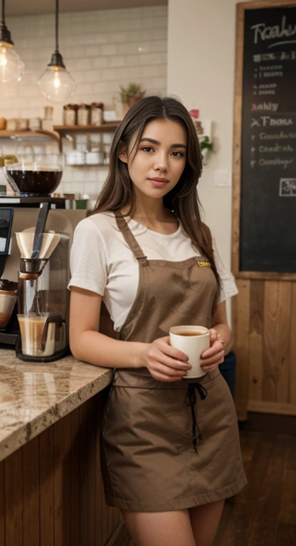 there a woman that standing in front of a counter,With a cup of coffee in his hand, mysterious coffee shop girl, Realistic art style, by Yang J, Surrealism female students, wearing rr diner uniform, Thanos as a Starbucks barista, realistic art style, Surrealism female students, in a coffee shop, super realistic painting style, Guviz-style artwork, Starbucks