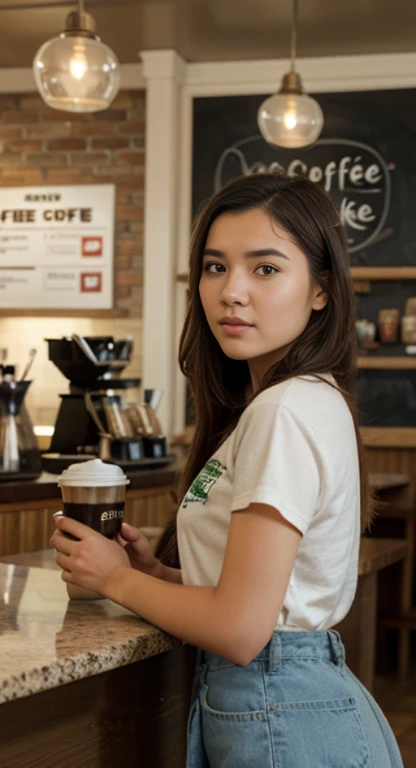 there a woman that standing in front of a counter,With a cup of coffee in his hand, mysterious coffee shop girl, Realistic art style, by Yang J, Surrealism female students, wearing rr diner uniform, Thanos as a Starbucks barista, realistic art style, Surrealism female students, in a coffee shop, super realistic painting style, Guviz-style artwork, Starbucks