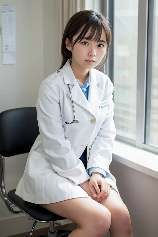 Examination room, skirt, doctor's white coat, sitting on chair, writing medical records