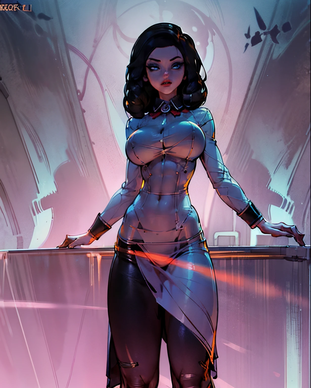 (Detailed Lights, Detailed Shadows), 1Woman, black Hair, (Elizabeth), Bioshock infinite, , White blouse, ((Detailed Eyes)), ((85mm torso body view:1.3)), black Eyetremely Detailed Clotheodern Clotheeautiful Hair, Muscular, glowing blue eyes, puffy lips, large breasts, Hair Down, Extremely Detailed Background, Beautiful Background