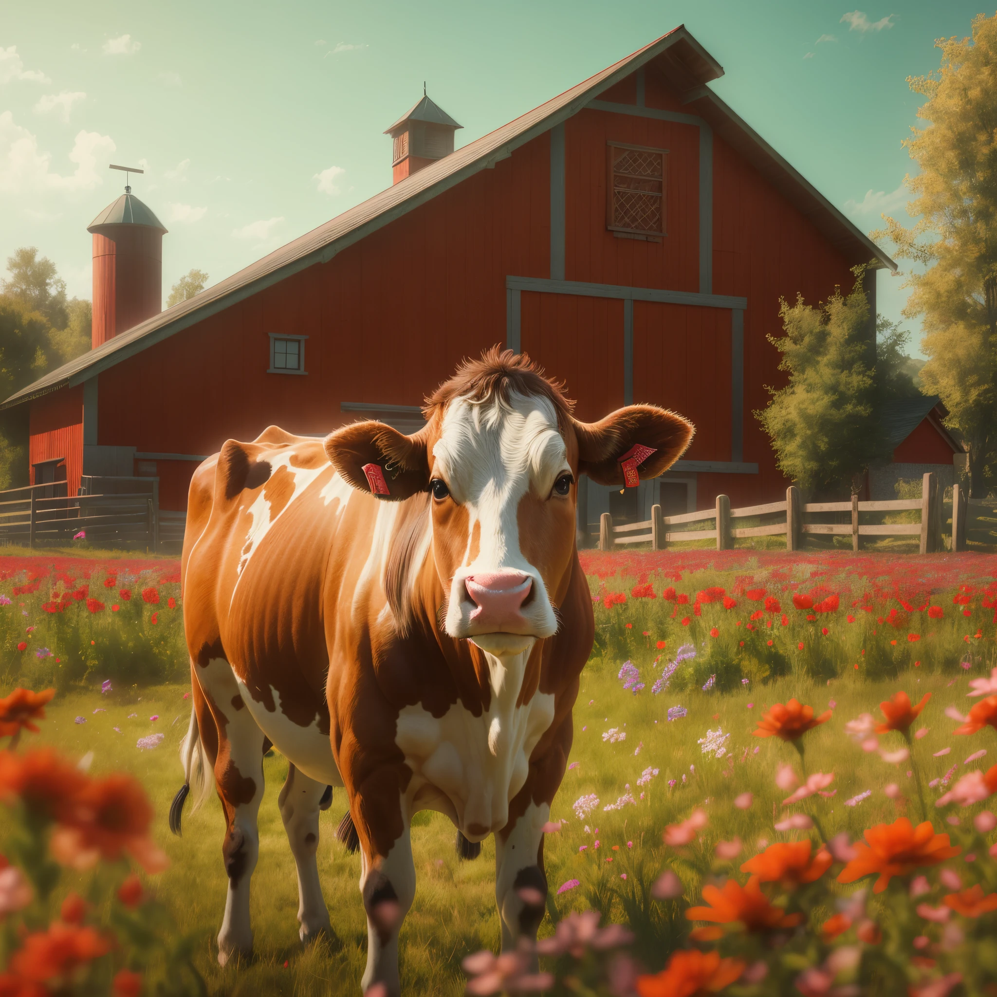 a brown cow standing outside a traditional red barn, on a farm, wildflowers and pastureland in the distance, extremely detailed CG unity 8k wallpaper, intricate details, portrait, solo, detailed background, bokeh, raytracing, realistic textured skin, particle effects, depth of field