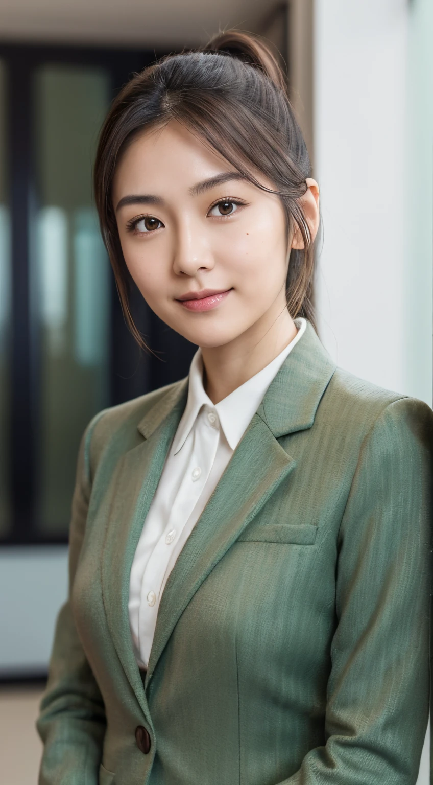 High Resolution, UHD, Anatomically correct, Depth of field, Lower angle shoot, Textured skin, 25 years old Japanese woman, Brown Short ponytail hair, Light smile, mole under eye, White skin, Dark green office suit, Standing pose.