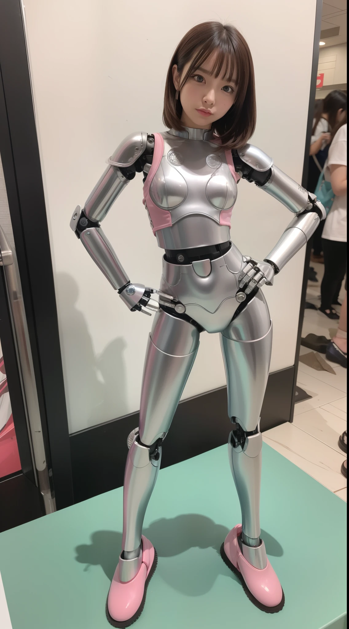 Robot Girl, pink there, Silver, Metallic body, Robot Parts, Metal Parts, Super Detailed Face, Super well-formed face, of the highest quality, a small face, a small head, Brown hair, Slender body, Camera gaze, Internal Mechanical Exposure, Idol, front facing, Well-proportioned body, gravure, Photo session, Akihabara, Moe Pose, Standing with legs open, Model body type, sad, Embarrassing,(Perfect Robot Girl),(Perfect machine body)