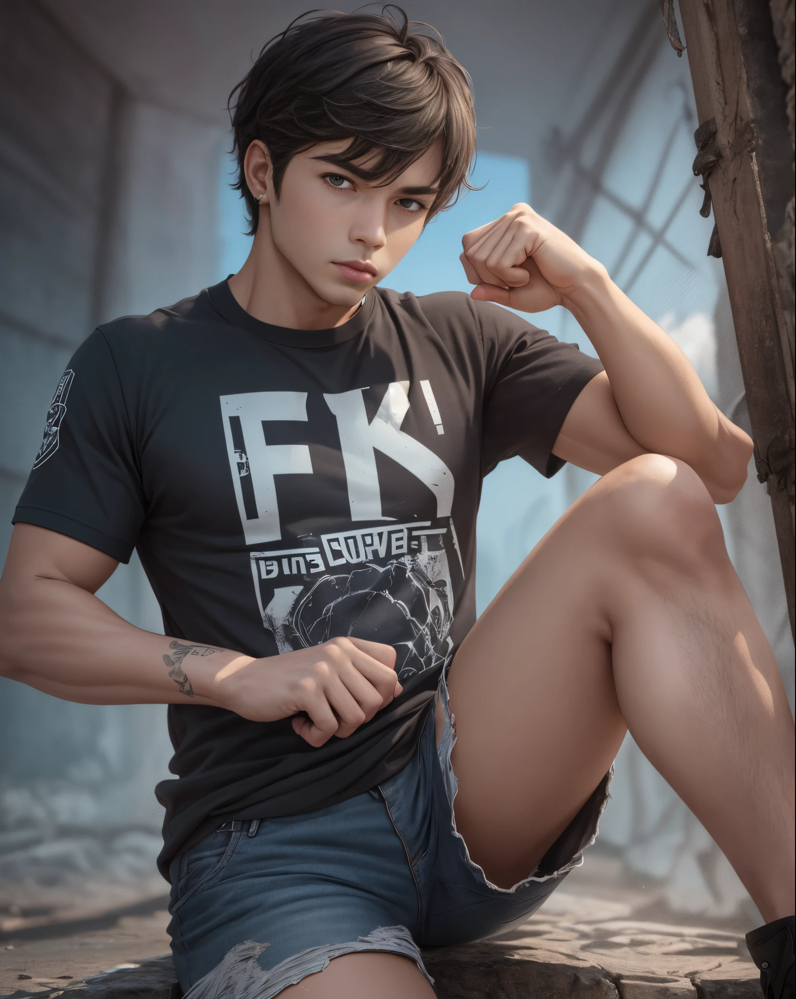 anime style, man character in loose shorts covering his knees, strong, masculine, rock t-shirt, serrated fists, short hair, looking down, photo from the bottom up, ultra real, ultra detailed, 4k, --auto --s2