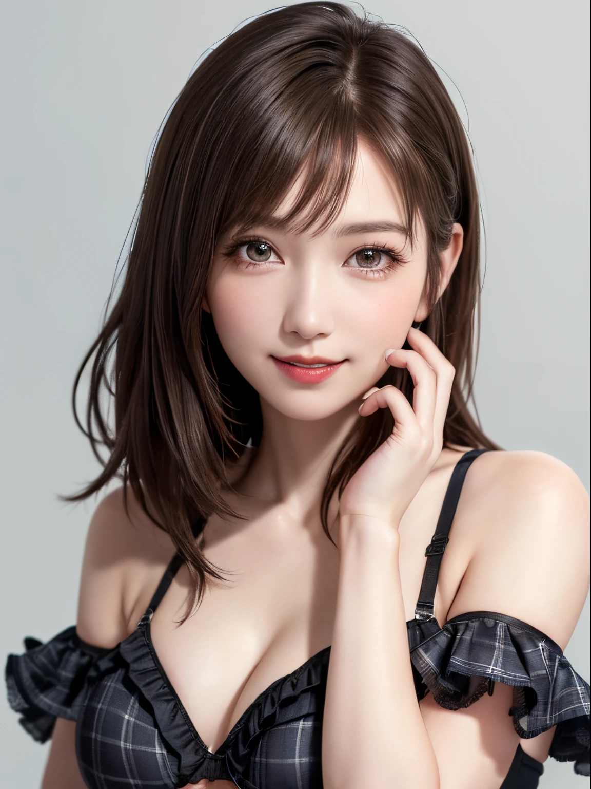 (top-quality、8K、32K、​masterpiece、nffsw:1.2)、(Raw photography)、(realisitic)、(Photorealsitic:1.2)、(hight resolution)、ultra-detailliert、extremely beautiful face and eyes、1girl in、round small face、big breasts thin waist、Delicate body、(a closeup、top-quality、high detailing、rich skin detail、nffsw)、(Best Quality、8K、oilpaint:1.2)、Ultra-detailed、(Realistic、Photorealistic:1.37)、Vibrant colors、(((cheeks are flushed)))、(((Female face)))、(((Has a double piece)))、(((light brown hair)))、(((Arms folded in front of the chest)))、(((great laughter)))、(((bustshot)))、(((white backgrounid)))、((lob  hair))、(((Pure white wall background)))、(((She is wearing white and gray plaid underwear)))、(((Pure white wall background)))、(((Bra with frills)))