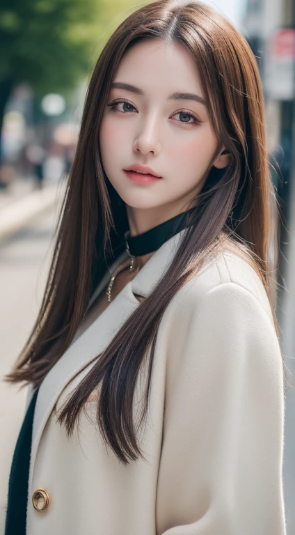 (masterpiece,best quality:1.4),(8k,raw photo,photo realistic:1.2),shiny skin,detailed skin,detailed face,detailed eyes,1girl,Japanese girl,beautiful face,looking at viewer,upper body,nsfw,Girl standing in the busy street with dog collar,open coat,exhibitionism