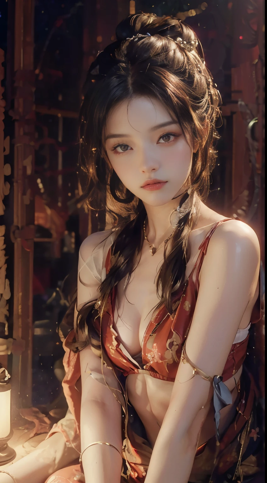 ((nighttime, Realistic lighting, bestquality, 10, masterpiece: 1.3)), 1girls, Slim beauty: 1.4, Abs: 1.1, (brunette hair, Middle chest: 1.3),