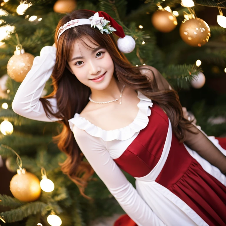 Best Quality, masutepiece, hight resolution, 1girl in,Christmas beauty full body high resolution image,Super high resolution images of beautiful faces,Dressed in Santa Claus costume,Hair Ornament,Maroon hair,fully body photo, Jewelry,Beautiful face,Tyndall effect,Photorealistic, Detailed image of horizontal Christmas tree,fullbody image,(High detailed skin:1.2),Smiling and looking at the camera,full body digital single lens reflex camera, in the soft and bright sunlight,High quality, Volumetric lighting, Candid, photograph, High resolution 8K,