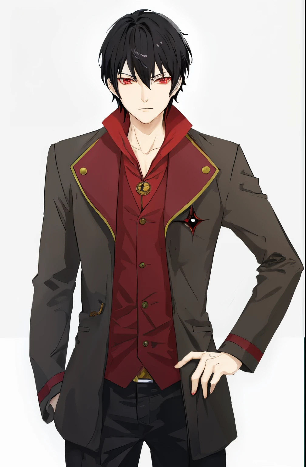 Anime sharp ear and black hair vampire man with red eyes wearing red clothes and black coat