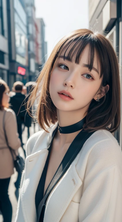(masterpiece,best quality:1.4),(8k,raw photo,photo realistic:1.2),shiny skin,detailed skin,detailed face,detailed eyes,1girl,Japanese girl,beautiful face,looking at viewer,upper body,nsfw,Girl standing in the busy street with dog collar,open coat,exhibitionism