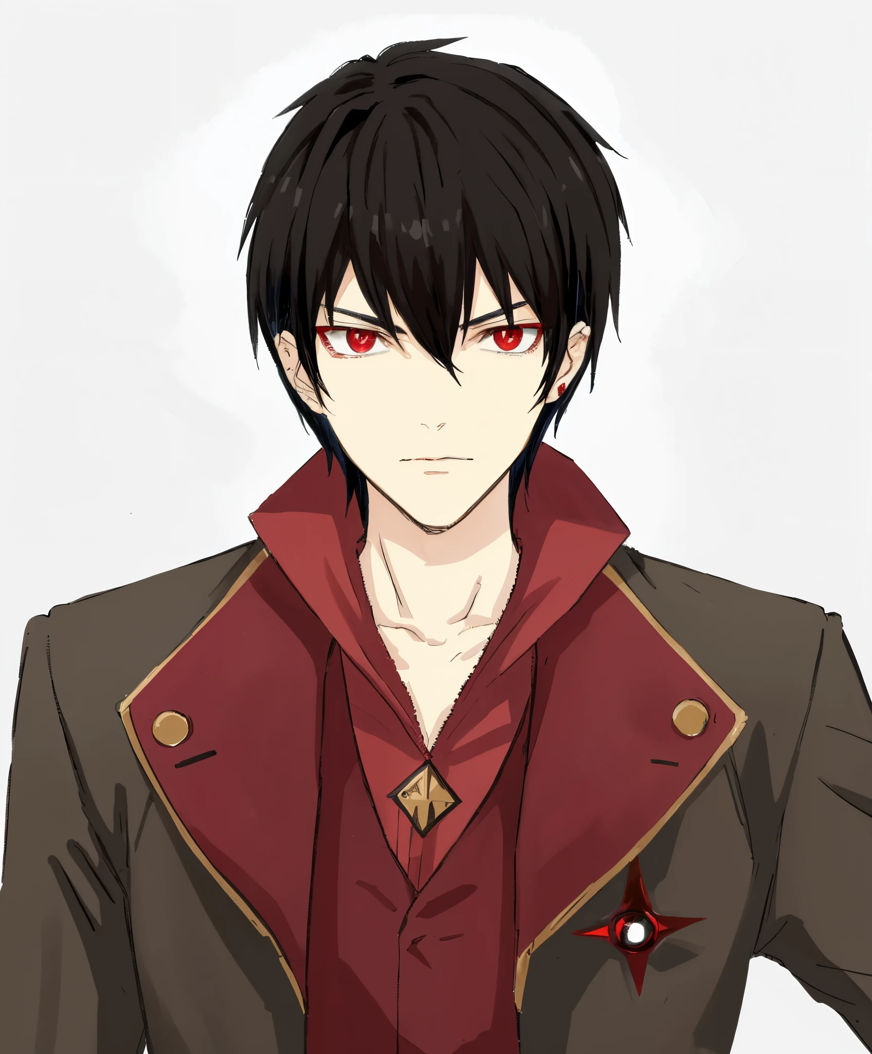 Anime sharp ear and black hair vampire man with red eyes wearing red clothes and black coat