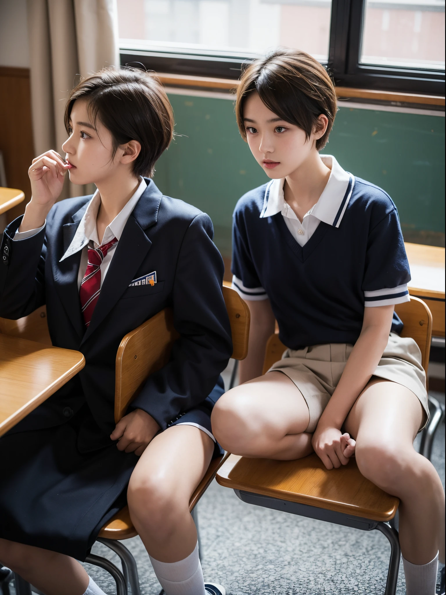man, y.o, short hair parted in the middle, highschool uniform, classroom