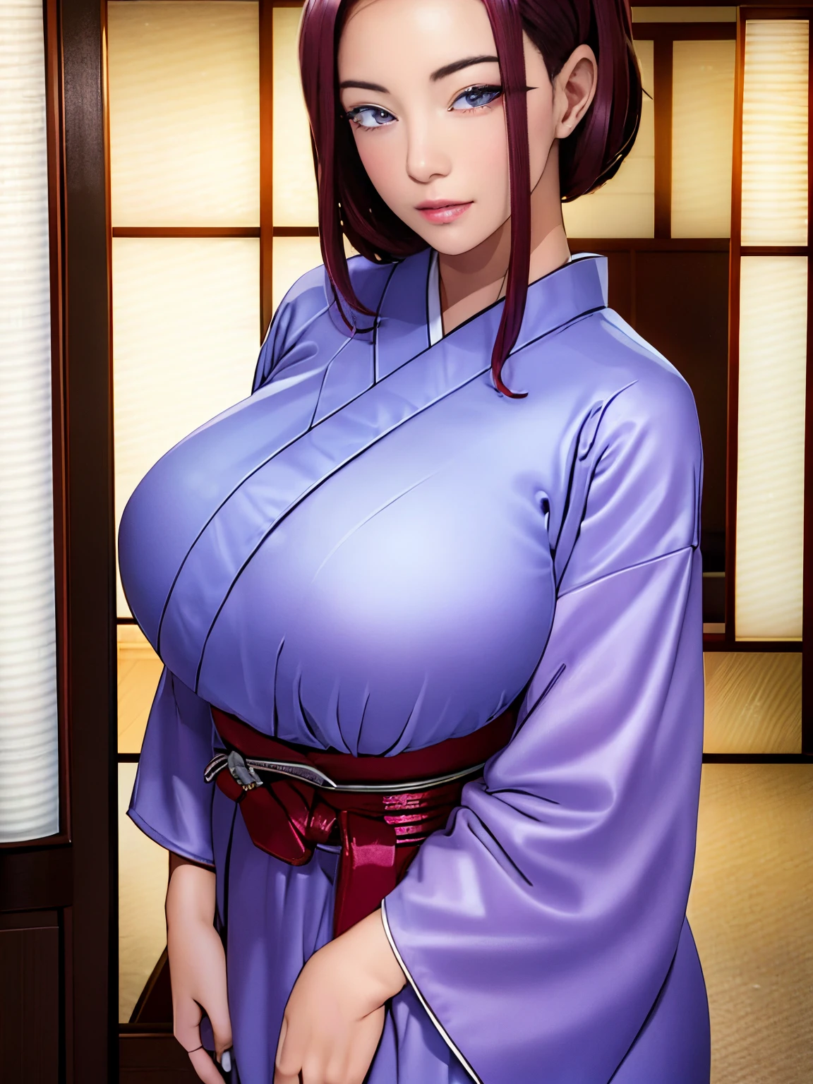 High resolution, Highest Quality, Illustration, super detailed, (Detailed face), (Detailed eyes), Cinematic lighting, Best Quality, super detailed, masutepiece, fine lines, 1girl in, Solo, Red hair, Purple eyes,, Bright eyes, Large breasts, Clear, (Colorful), Upper body, scissors in hand, Indoor, Well-behaved girl, Imperial Japanese uniform