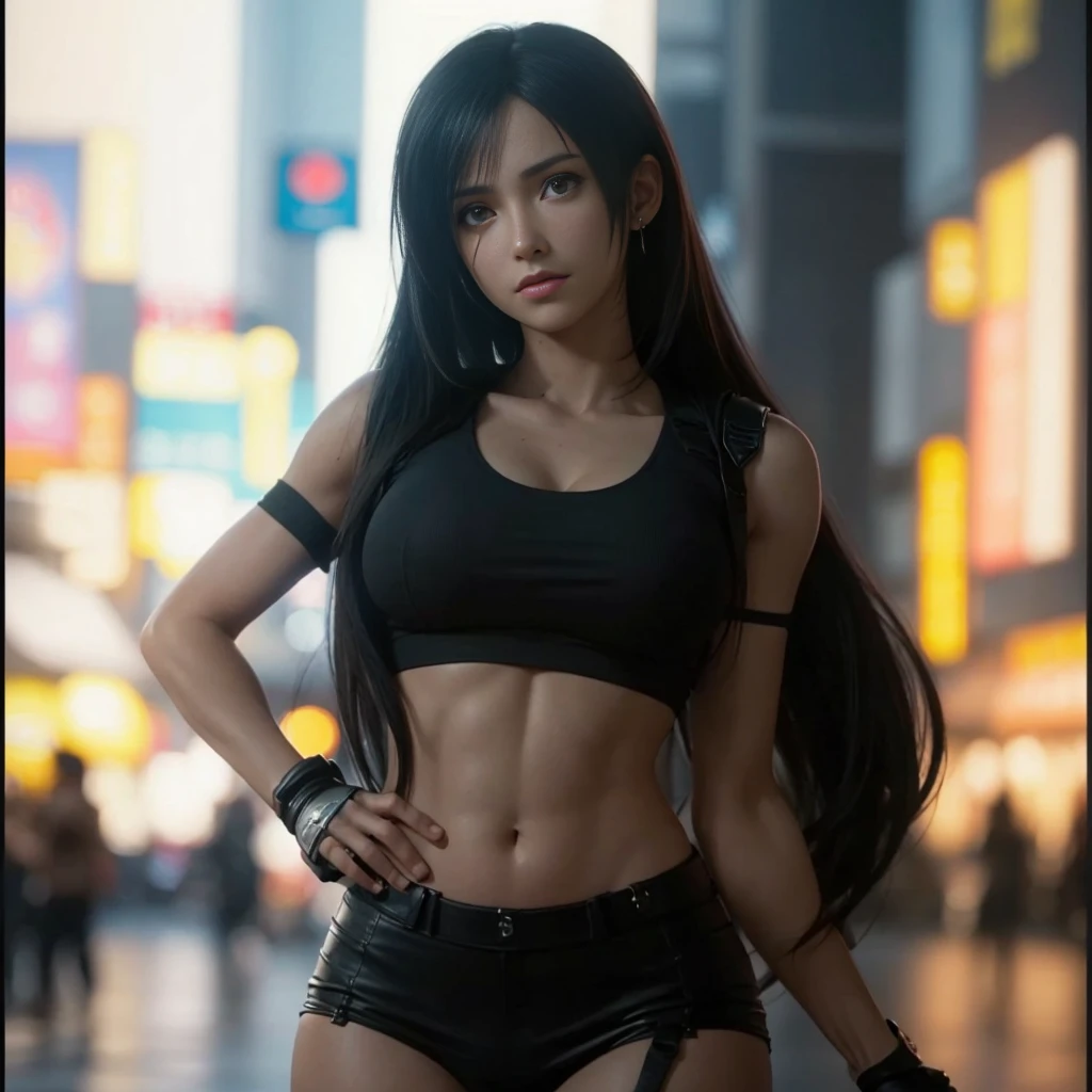 (best quality,ultra-detalhado),(Realistic:1.37),Tifa Lockhart, Rosto bonito e detalhado, maquiagem preta nos olhos, textura ultra realista, rosto delicado, corpo delicado, Fit physique, expression serious