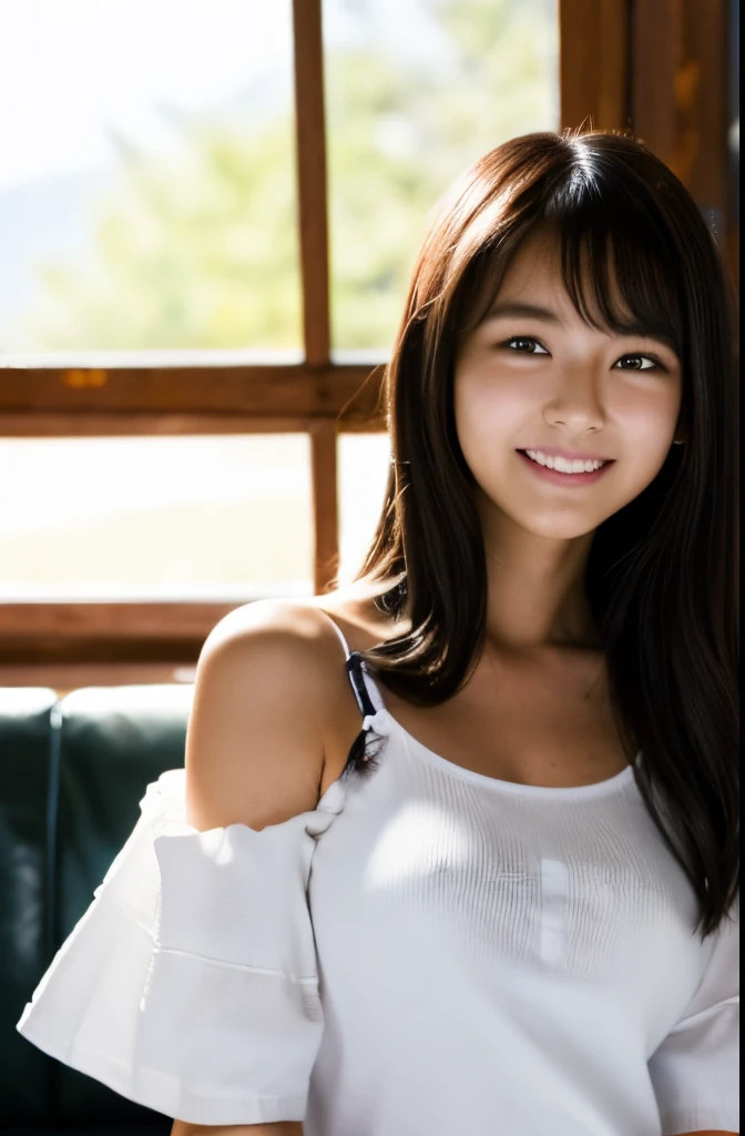 NSFW, 1 girl in、full body Esbian、A dark-haired、The long-haired、(huge-breasted), cleavage、Shoulders exposed、White T-shirt, Loose fit,  (delicate illustration:1.4)、(​masterpiece:1.0)、(top-quality:1.4)、(超A high resolution:1.2)、(Photorealsitic:1.4)、(8K、Raw photography:1.2)、(softfocus:1.4)、(15yo student:1.3)、(foco nítido:1.4)、Ultra-detailed face, Smiling, Full body, Sit on the couch， Inside a log cabin，fire burning in the fireplace