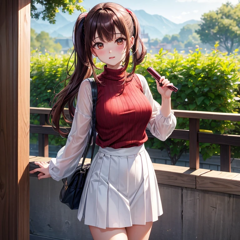 top-quality, hight resolution, 8K images,best qualtiy,hight resolution、A woman who is cute no matter who sees her、Stain cheeks red、Smartphones、On a call、Highly detailed CG Unity 8K wallpapers,1girl in, 独奏, Brown hair, poneyTail、Absolute area、Looking at the camera、(Illustration ratio:1.1)、s Office、during daytime、Wine red knitwear、white tight long skirt、hight resolution、foco nítido