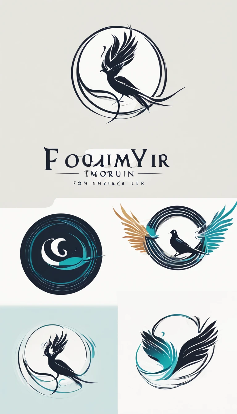 Create a cinematic, abstract symbol for a film production company based on stories and music. The logo should represent the companionship between a boy musician, A Storyteller Fantasy Bird and a Dreamy Feather. Minimalist symbol design